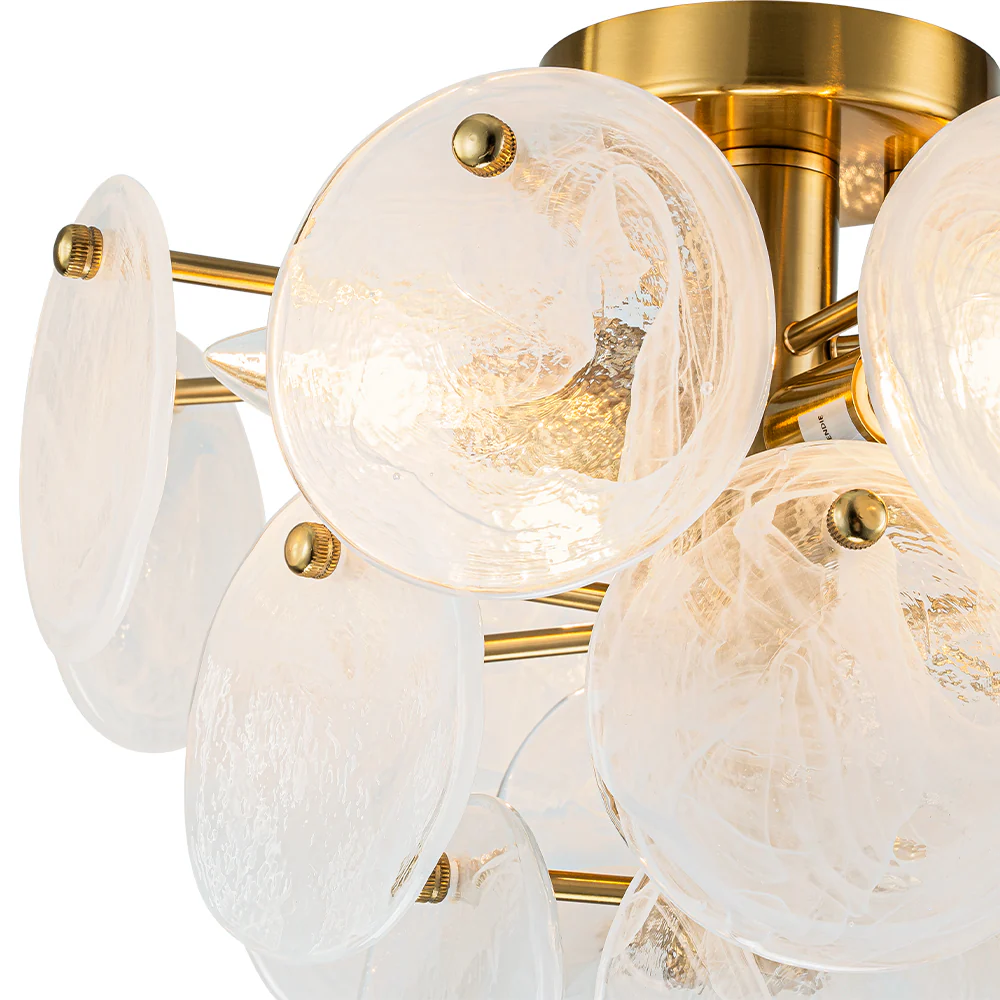Brass Tiered Opal Swirl Glass Semi Flush Chandelier - Image 12