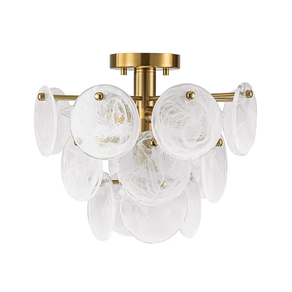 Brass Tiered Opal Swirl Glass Semi Flush Chandelier - Image 7
