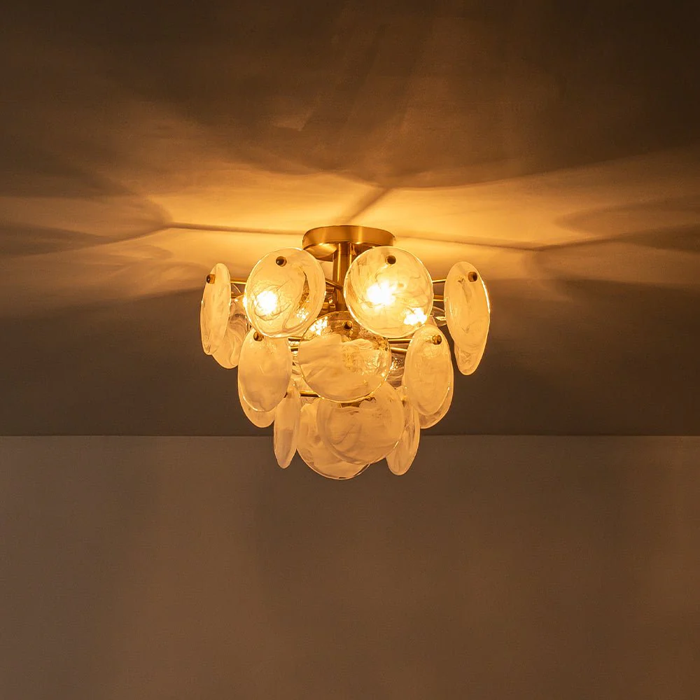 Brass Tiered Opal Swirl Glass Semi Flush Chandelier - Image 10