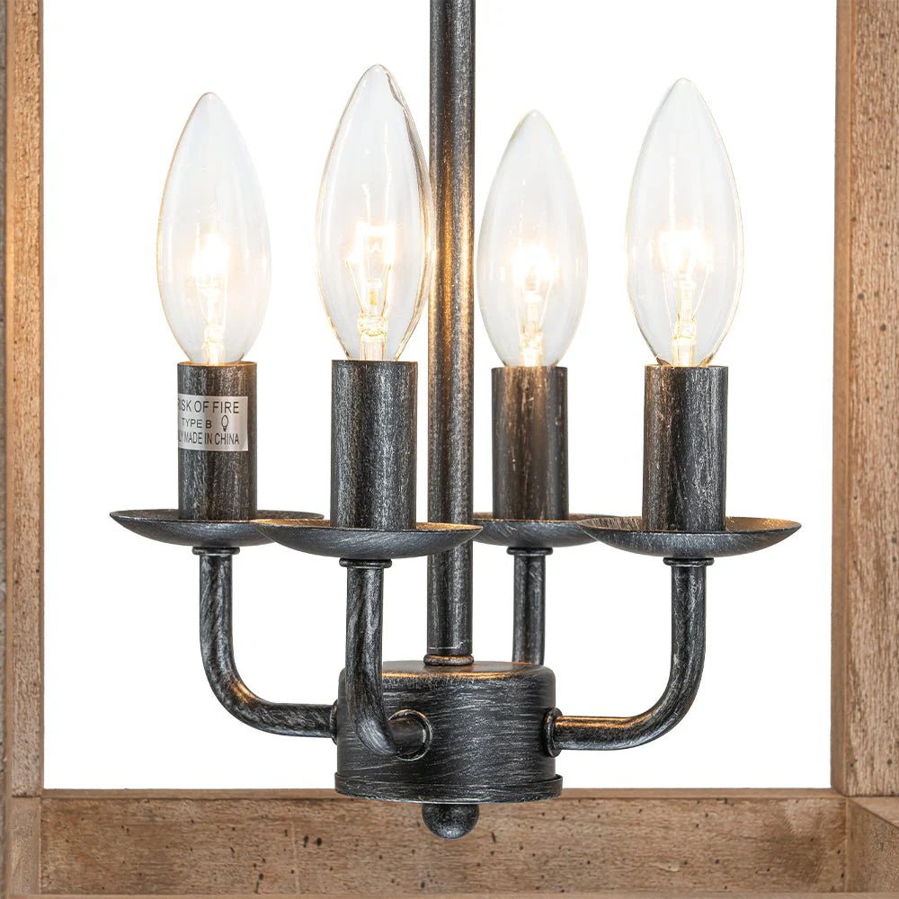 Candle Style Weathered Wooden Square Cage Pendant Light - Image 10