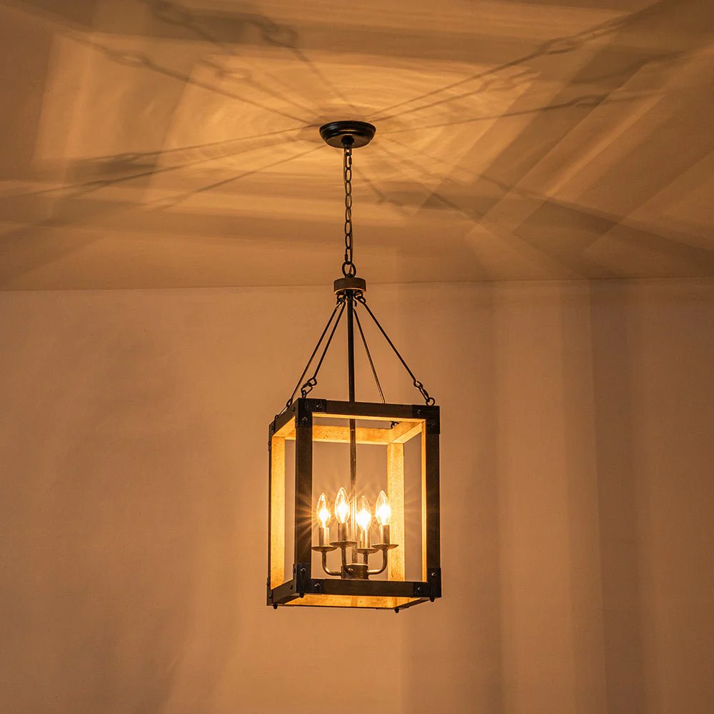 Candle Style Weathered Wooden Square Cage Pendant Light - Image 15
