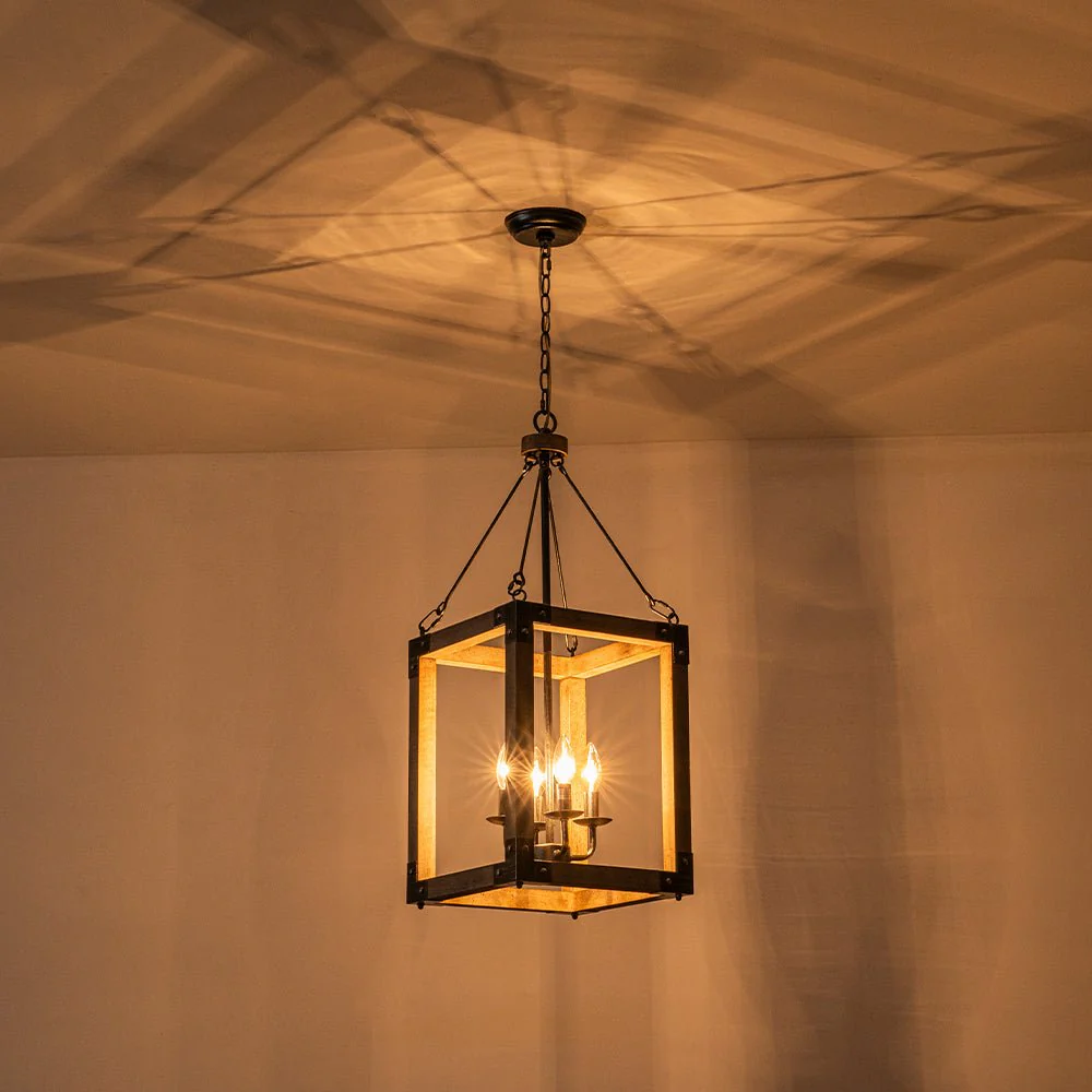 Candle Style Weathered Wooden Square Cage Pendant Light - Image 16