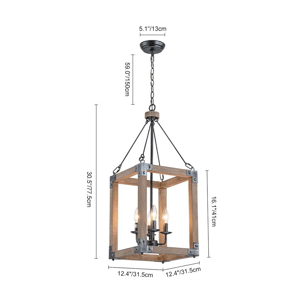 Candle Style Weathered Wooden Square Cage Pendant Light - Image 17