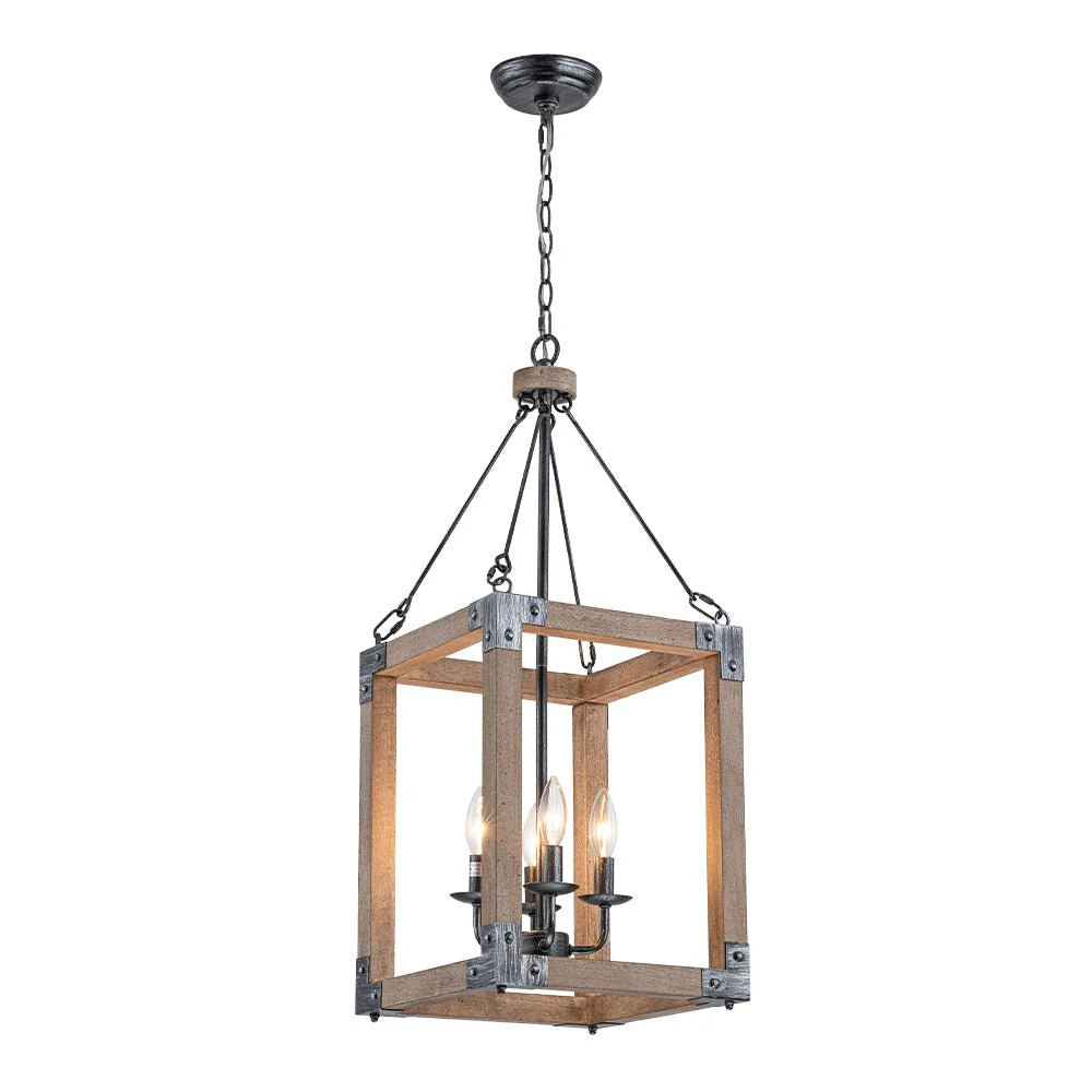 Candle Style Weathered Wooden Square Cage Pendant Light - Image 3
