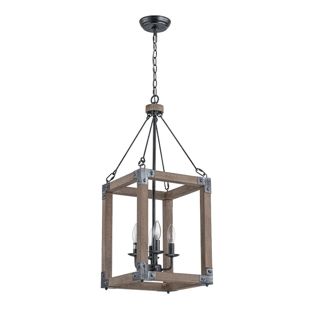 Candle Style Weathered Wooden Square Cage Pendant Light - Image 4