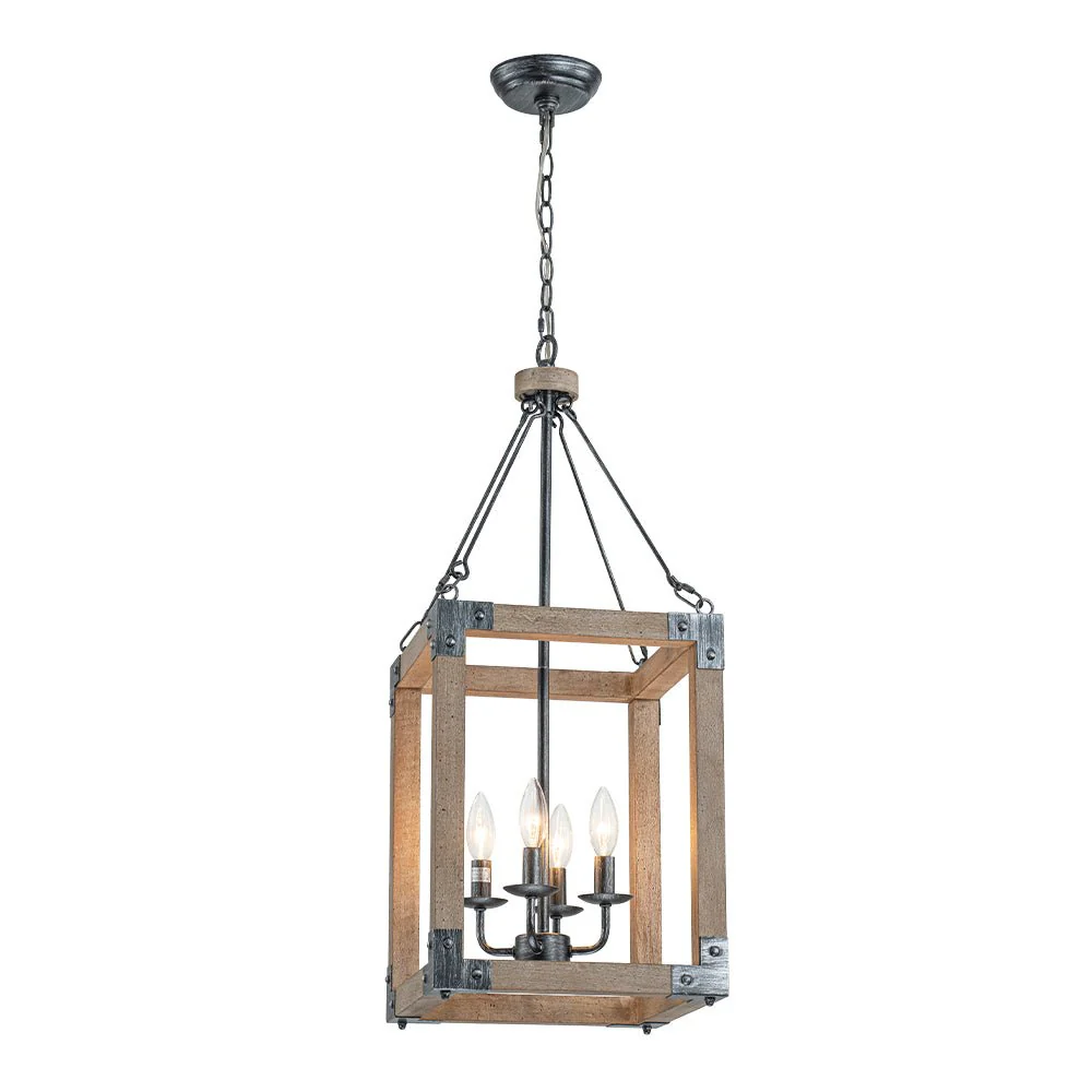 Candle Style Weathered Wooden Square Cage Pendant Light - Image 5
