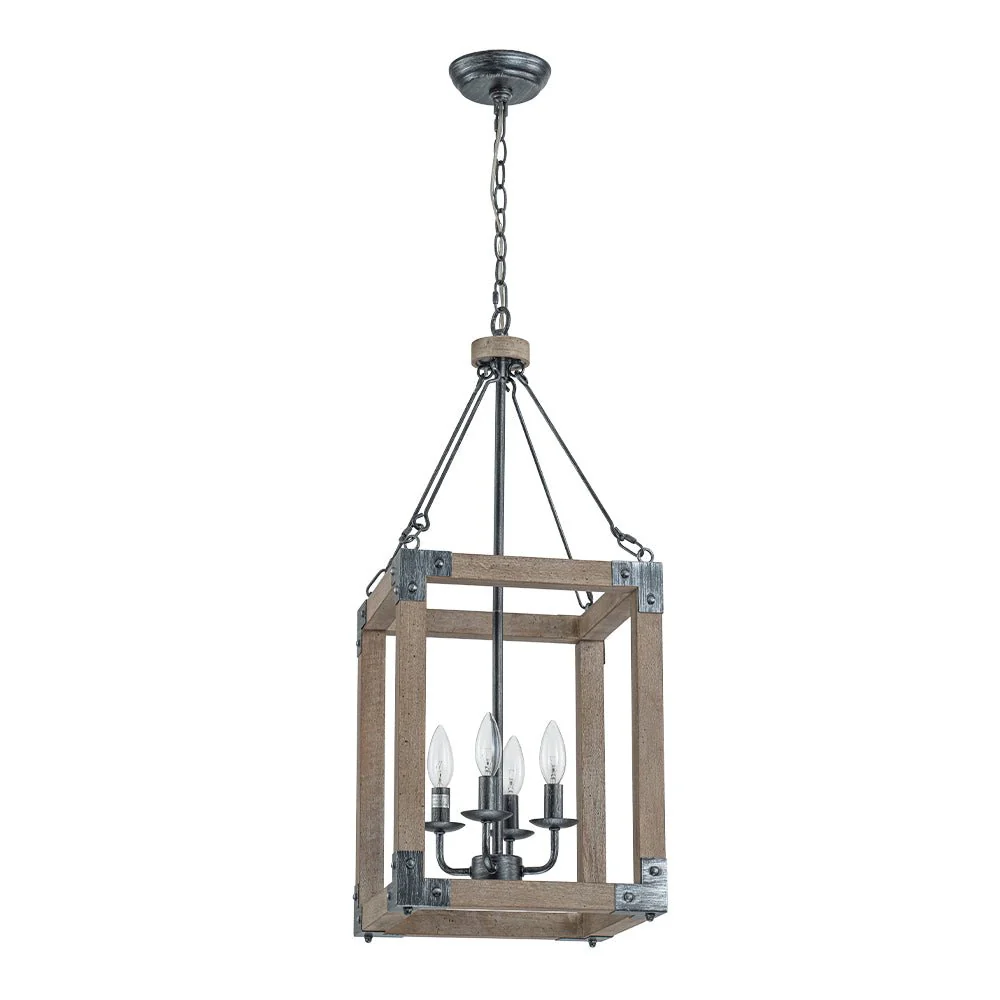 Candle Style Weathered Wooden Square Cage Pendant Light - Image 6