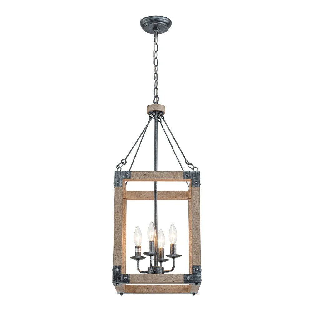 Candle Style Weathered Wooden Square Cage Pendant Light - Image 7