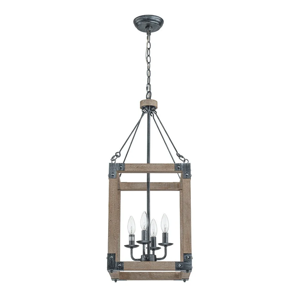 Candle Style Weathered Wooden Square Cage Pendant Light - Image 8