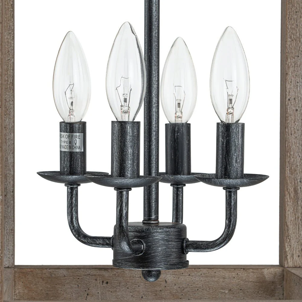 Candle Style Weathered Wooden Square Cage Pendant Light - Image 9