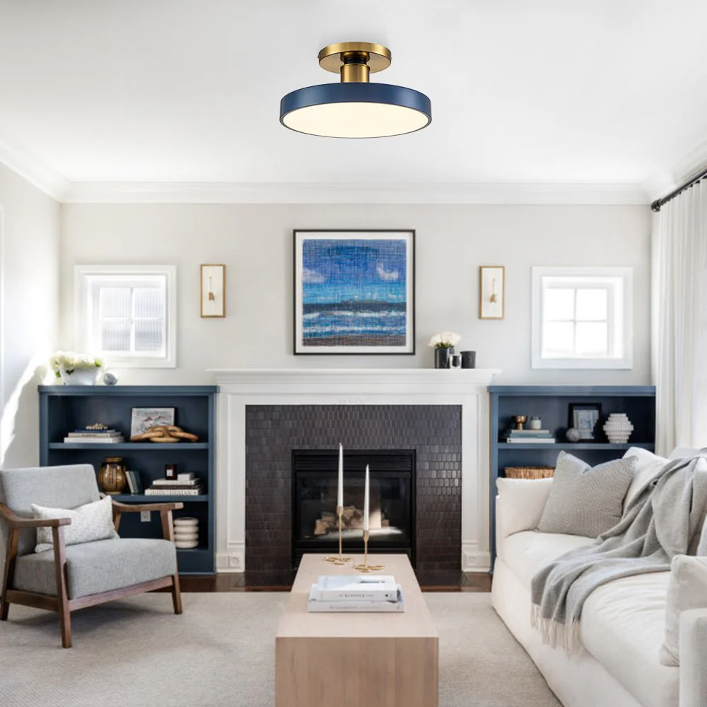(OpenBox) Contemporary Brass Blue Round LED Semi Flush Lighting - Image 3