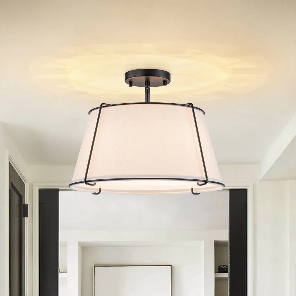 (OpenBox) Contemporary Wide Linen Drum Brass Semi Flush Mount - Image 6