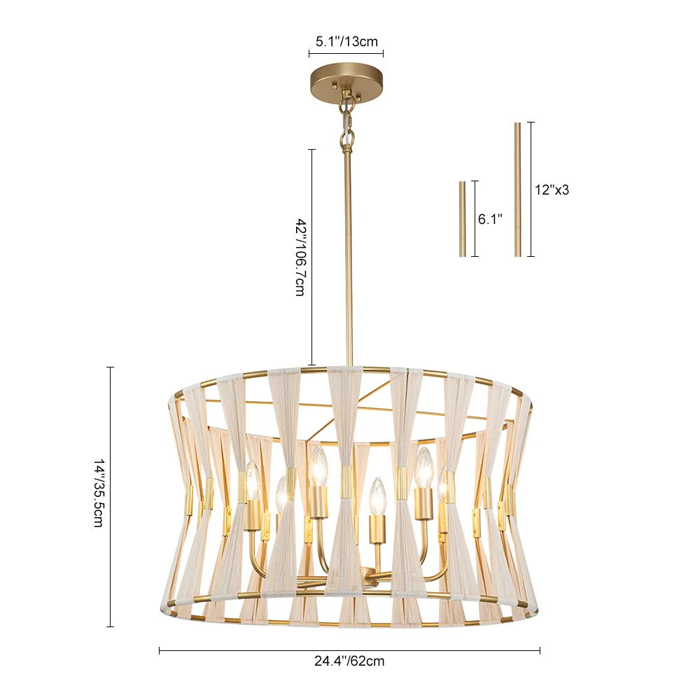 Ivory Woven Brass Open Drum Pendant Light - Image 13