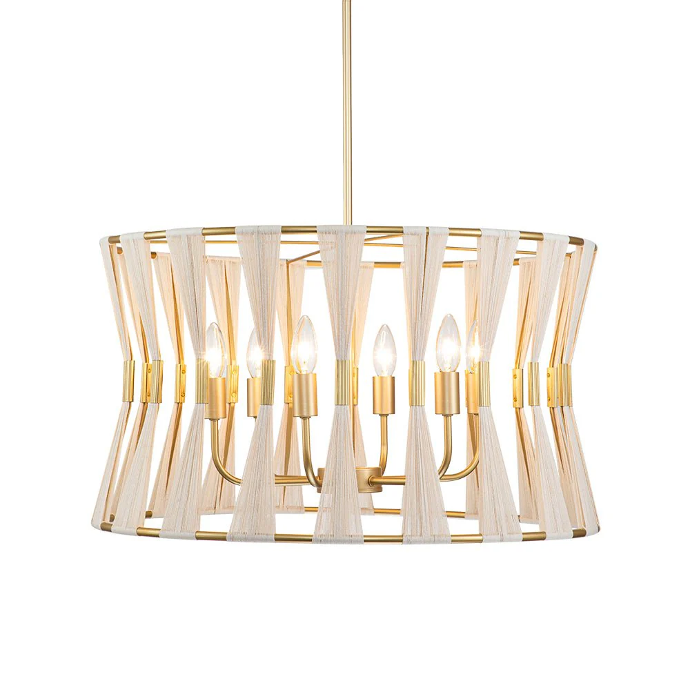 Ivory Woven Brass Open Drum Pendant Light - Image 3