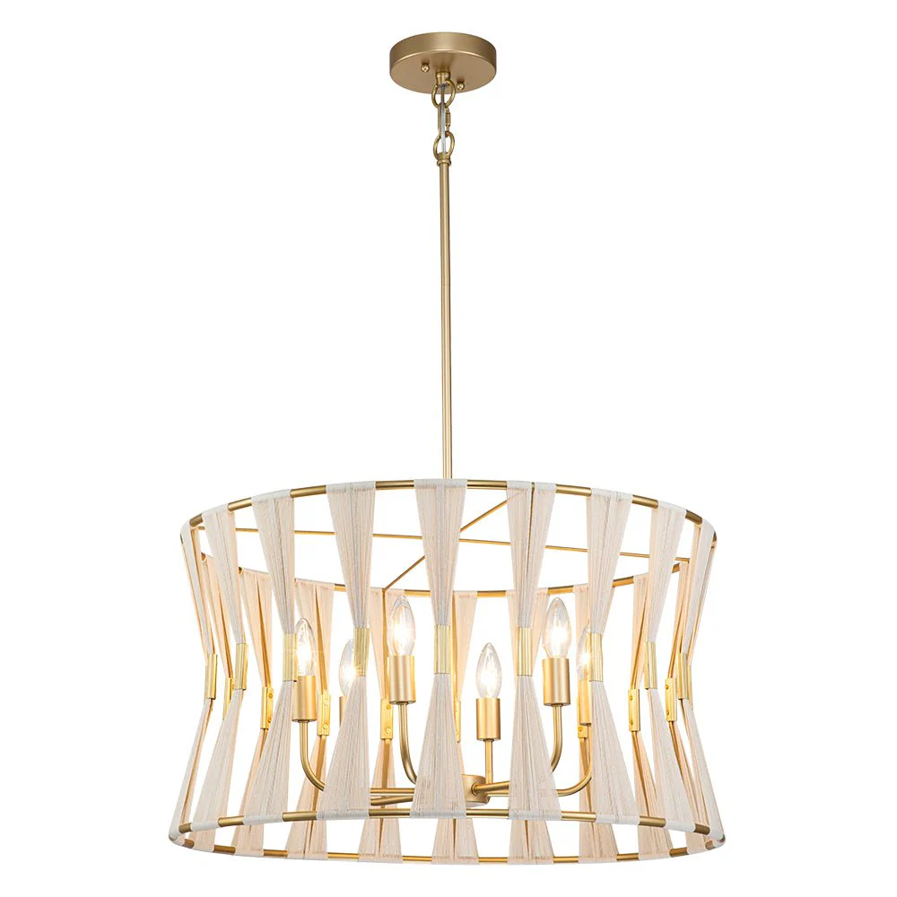 Ivory Woven Brass Open Drum Pendant Light - Image 4