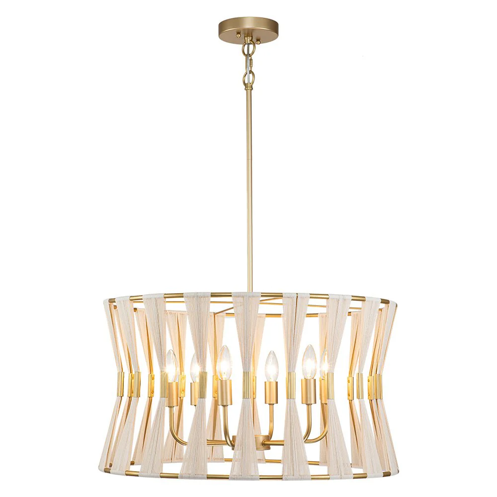 Ivory Woven Brass Open Drum Pendant Light - Image 6