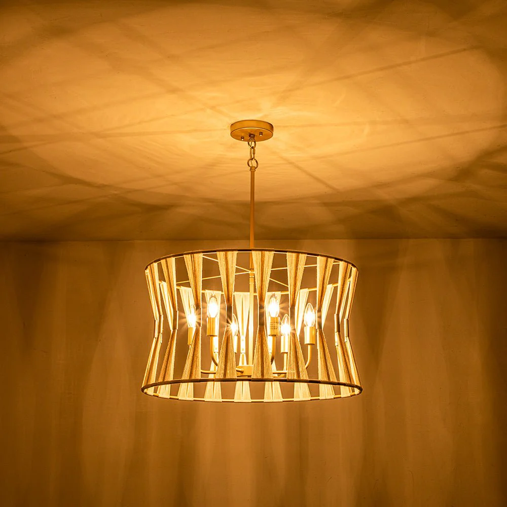 Ivory Woven Brass Open Drum Pendant Light - Image 7