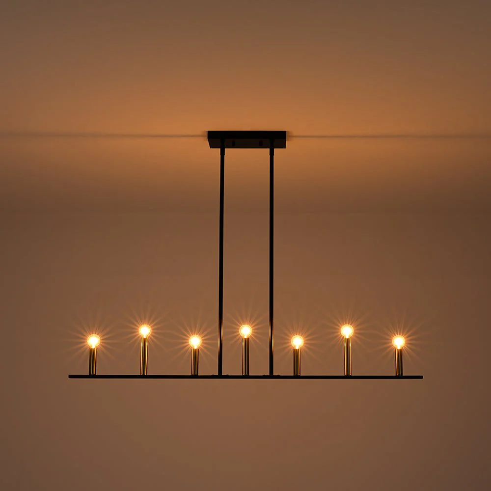 Minimalist Black Brass Candle Style Linear Island Chandelier - Image 11