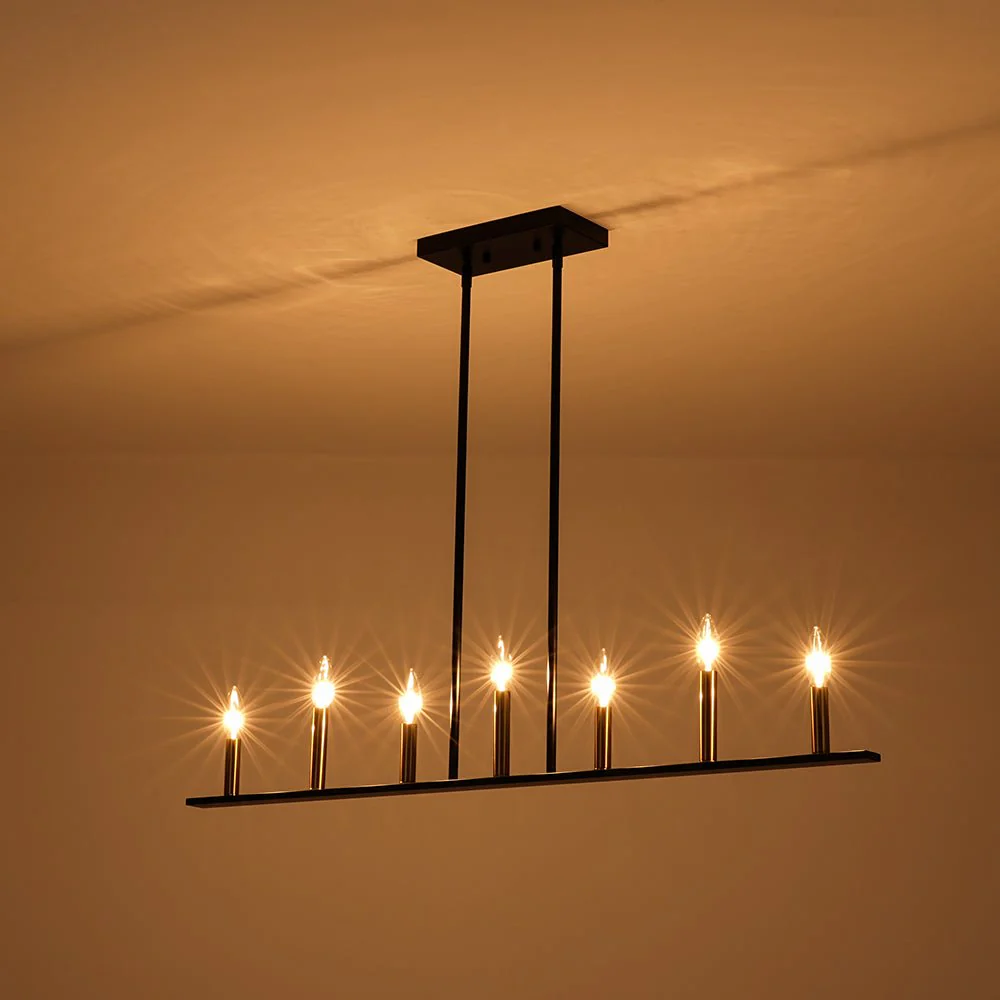 Minimalist Black Brass Candle Style Linear Island Chandelier - Image 12
