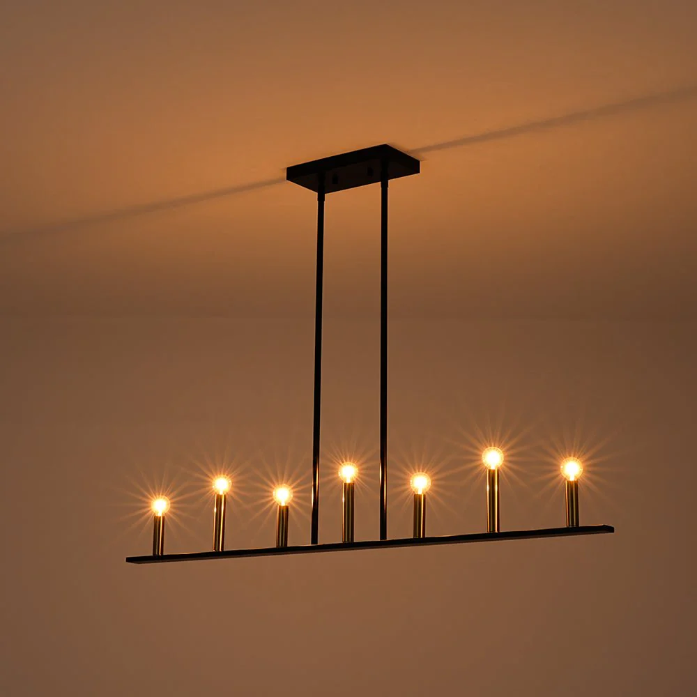 Minimalist Black Brass Candle Style Linear Island Chandelier - Image 13