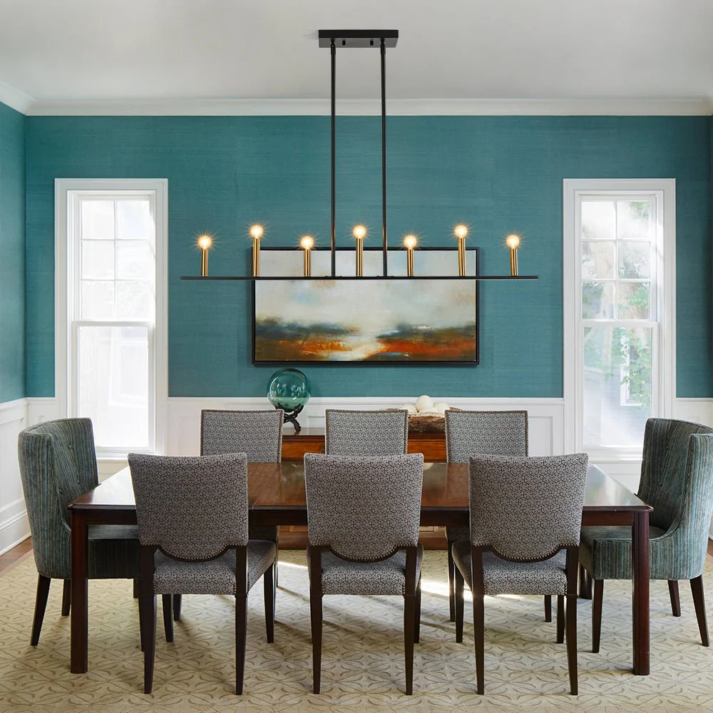 Minimalist Black Brass Candle Style Linear Island Chandelier - Image 2