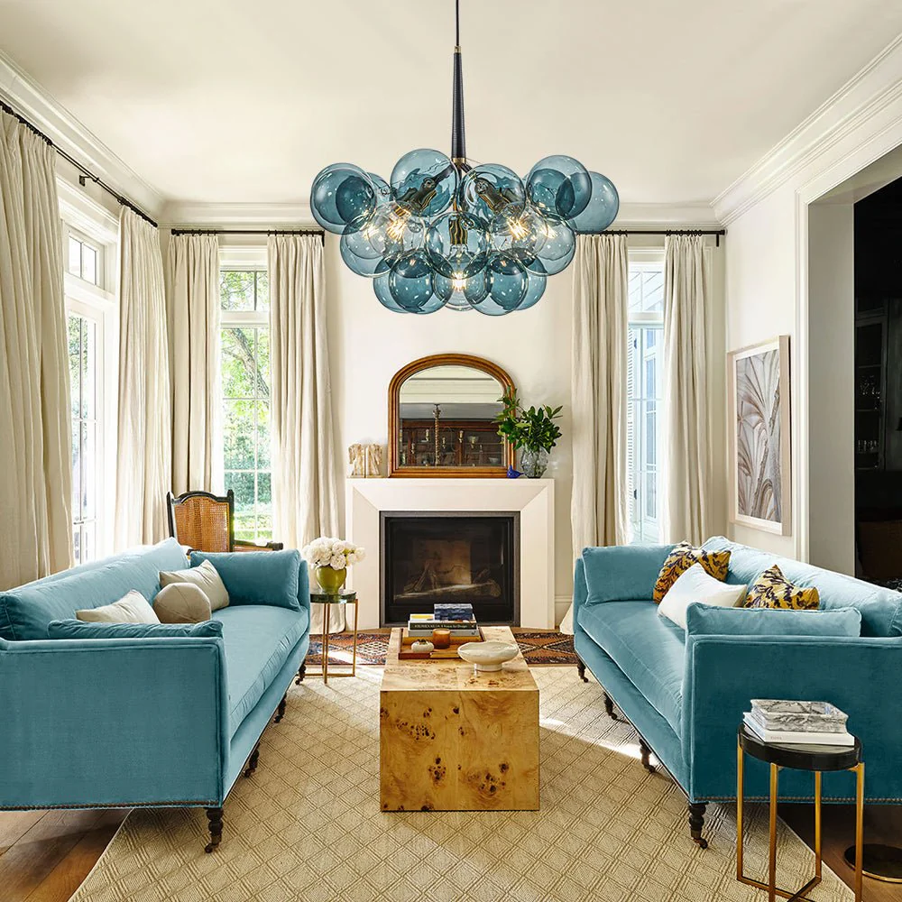 Modern Cluster Blue Glass Globe Bubble Chandelier - Image 4