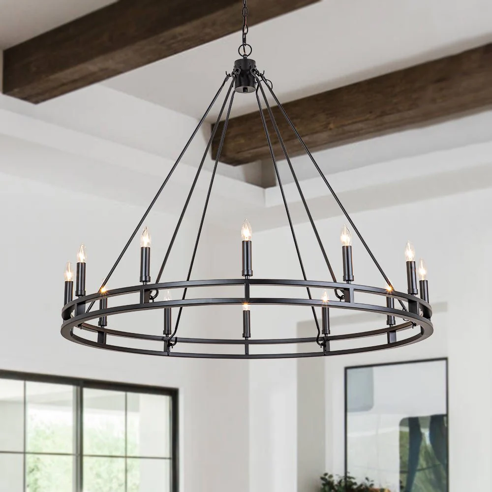 Oversized Vintage Black Candle Style Wagon Wheel Chandelier