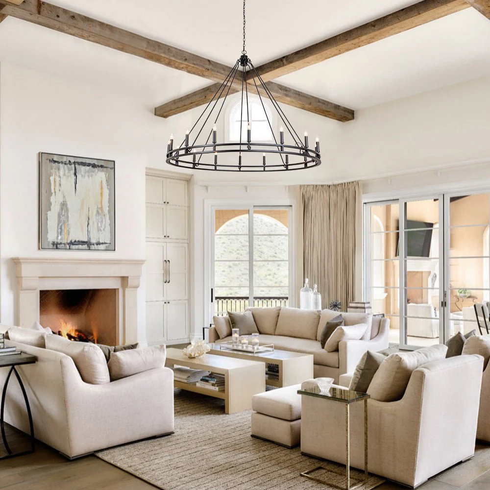 Oversized Vintage Black Candle Style Wagon Wheel Chandelier - Image 3