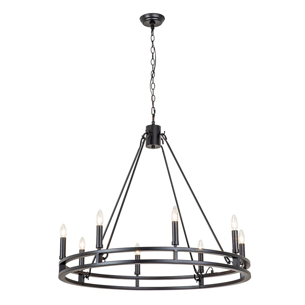 Oversized Vintage Black Candle Style Wagon Wheel Chandelier - Image 5