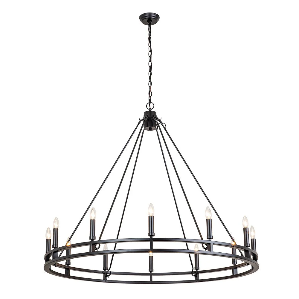 Oversized Vintage Black Candle Style Wagon Wheel Chandelier - Image 6