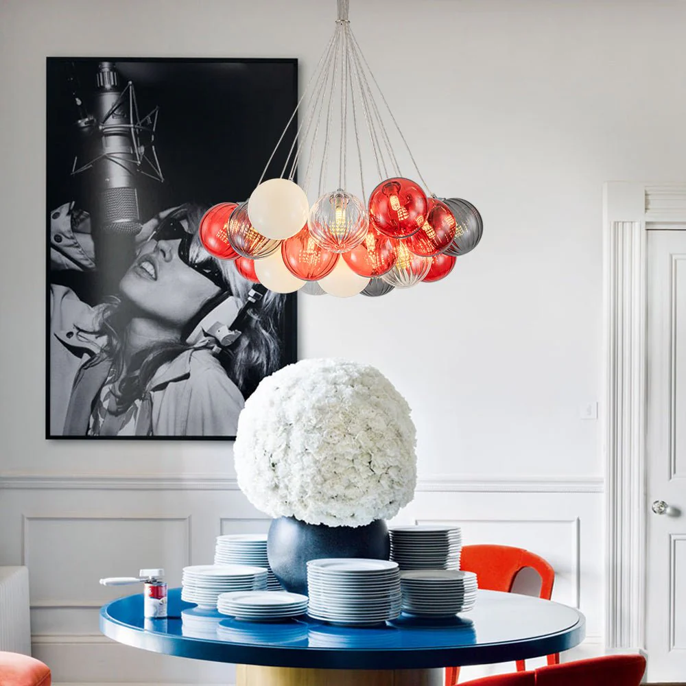 Pop Art Red Orange Hue Cluster Glass Globe Bubble Chandelier - Image 3
