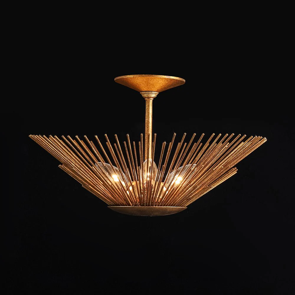 Radiant Antique Gild Gold Foiled Sunburst Round Semi Flush Mount - Image 3
