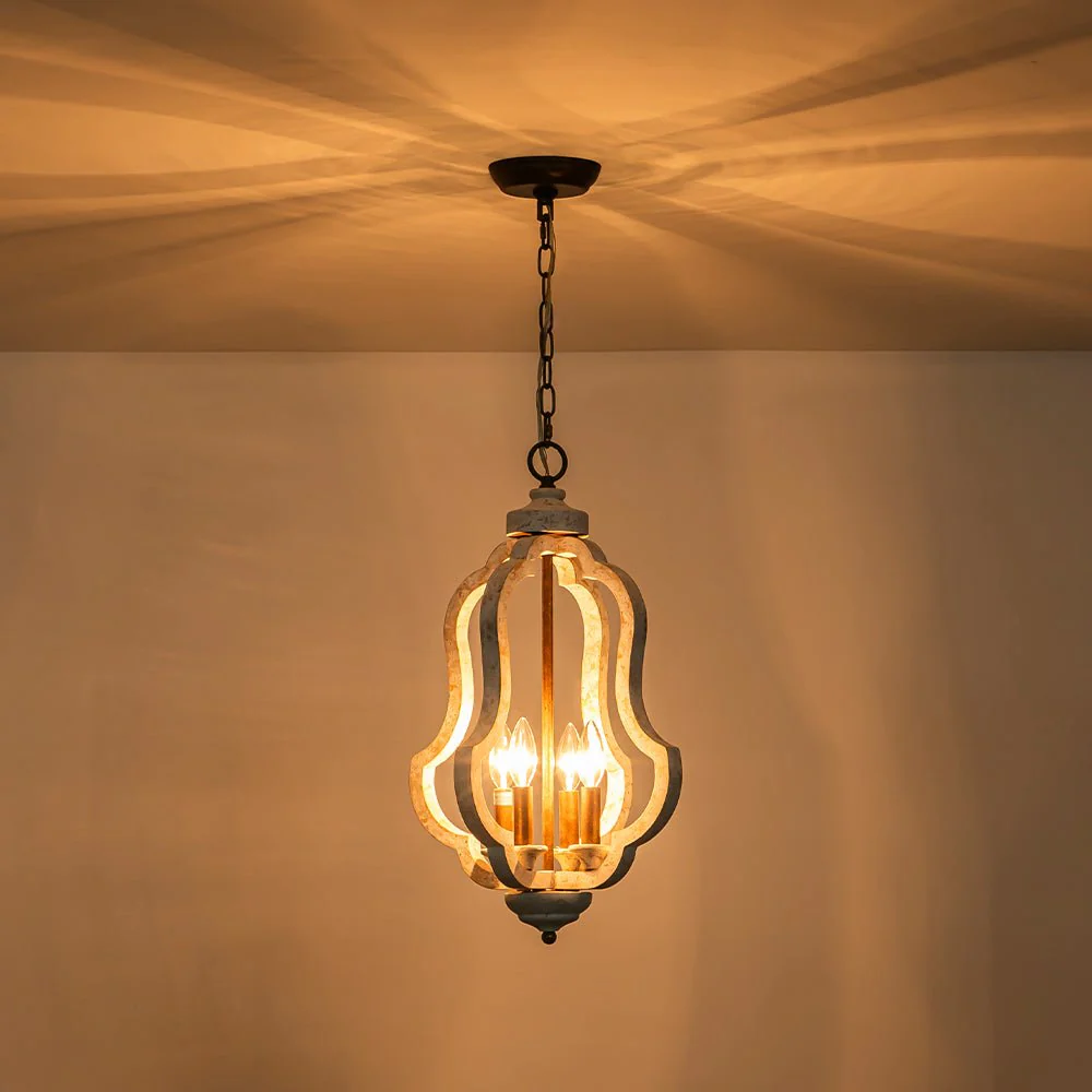 Rustic 4-Light Whitewashed Wood Cage Pendant Light - Image 15