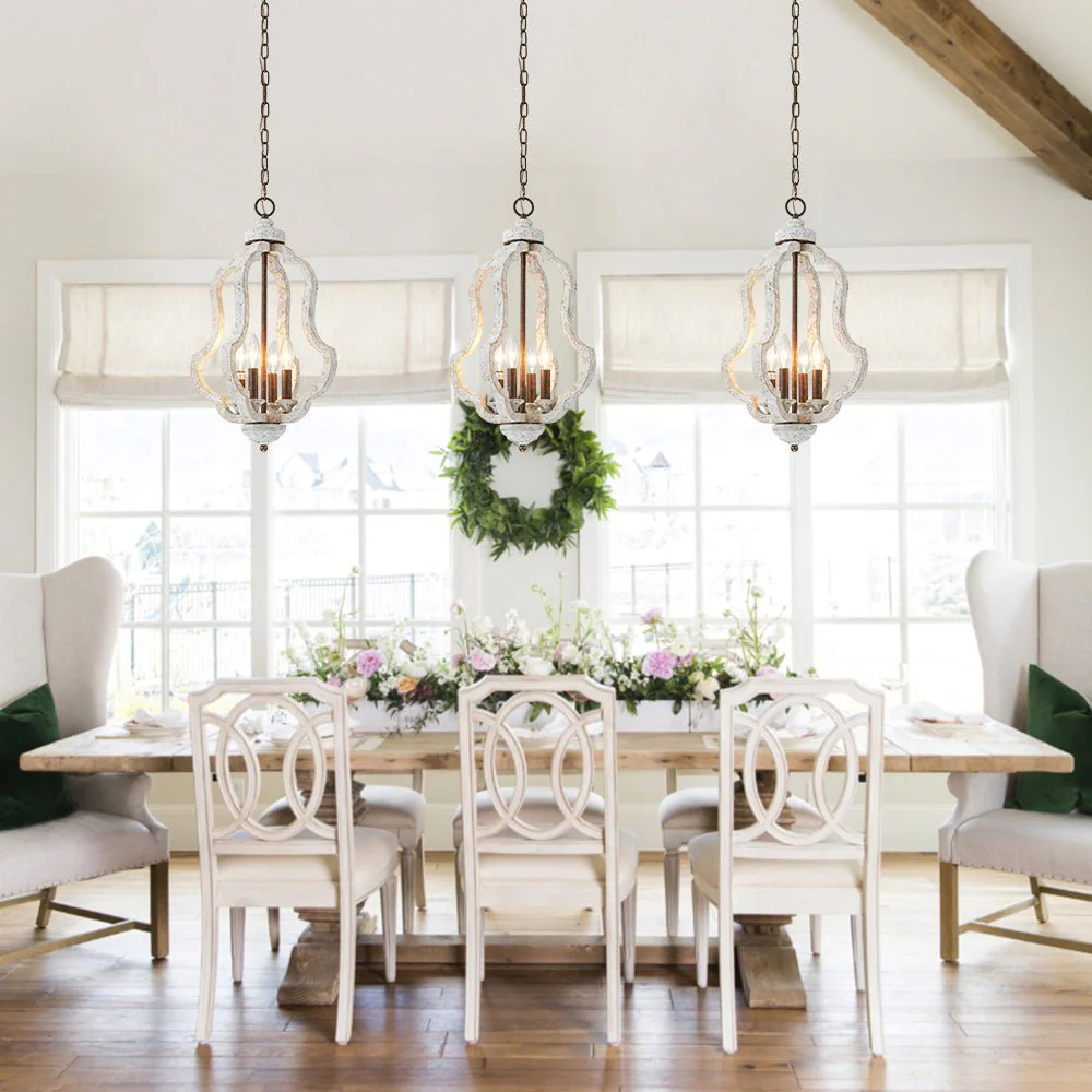Rustic 4-Light Whitewashed Wood Cage Pendant Light - Image 2