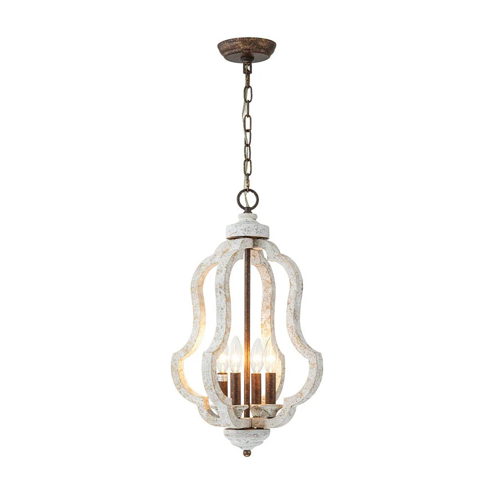 Rustic 4-Light Whitewashed Wood Cage Pendant Light - Image 3