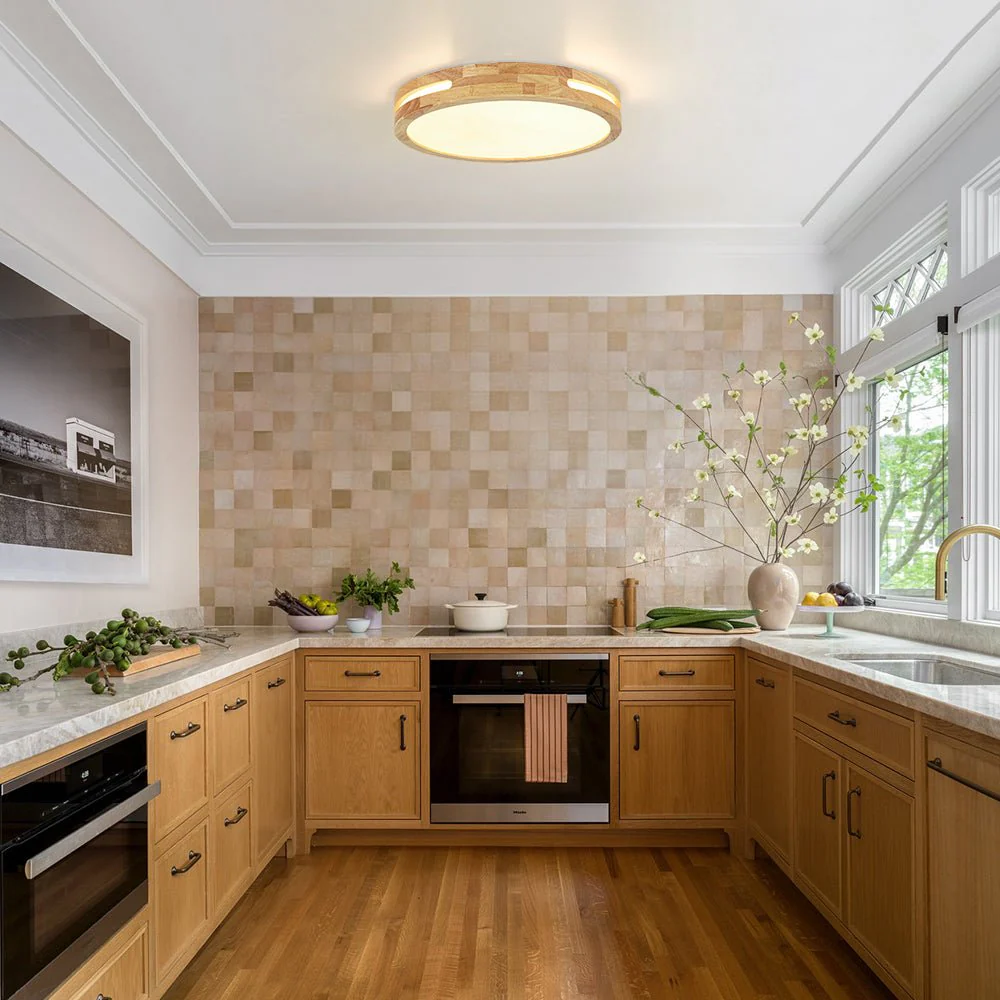 Rustic Dimmable LED Wood Round Flush Mount Light - Image 2