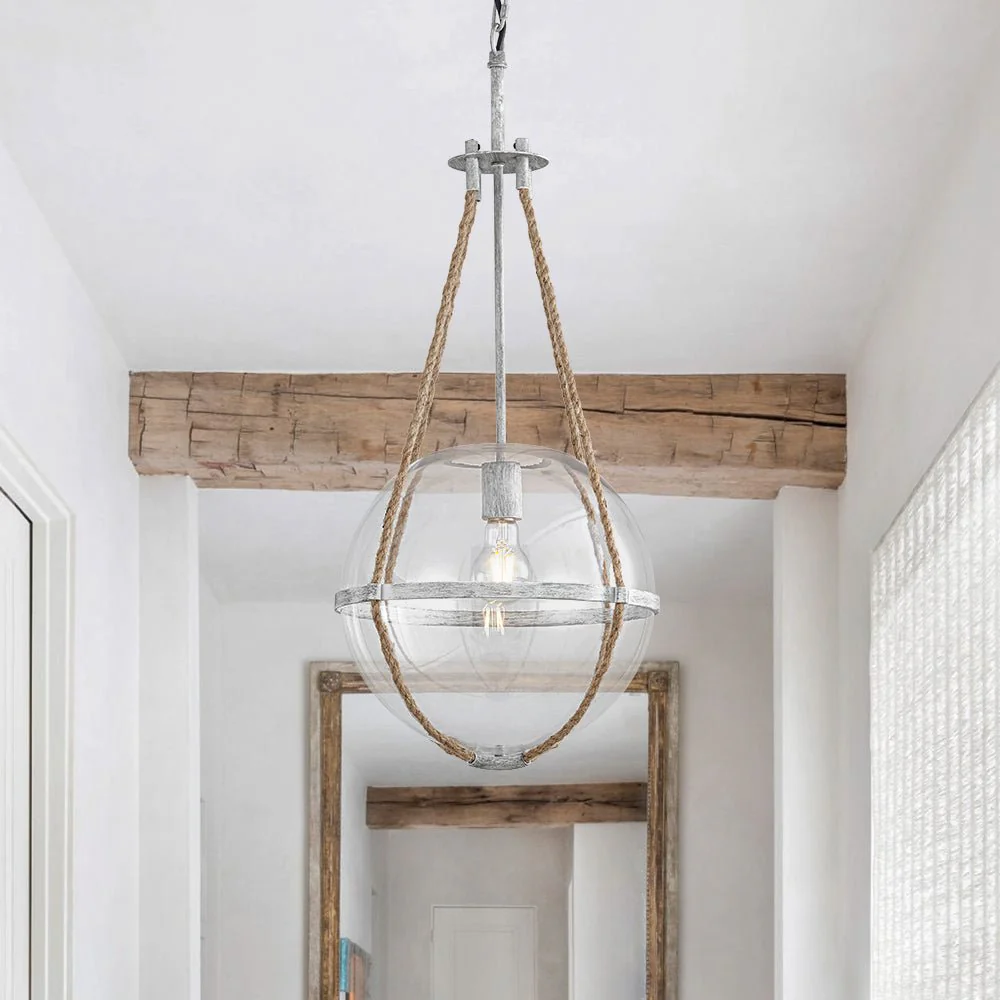 Rustic Hemp Rope Distressed White Glass Globe Pendant Light - Image 2