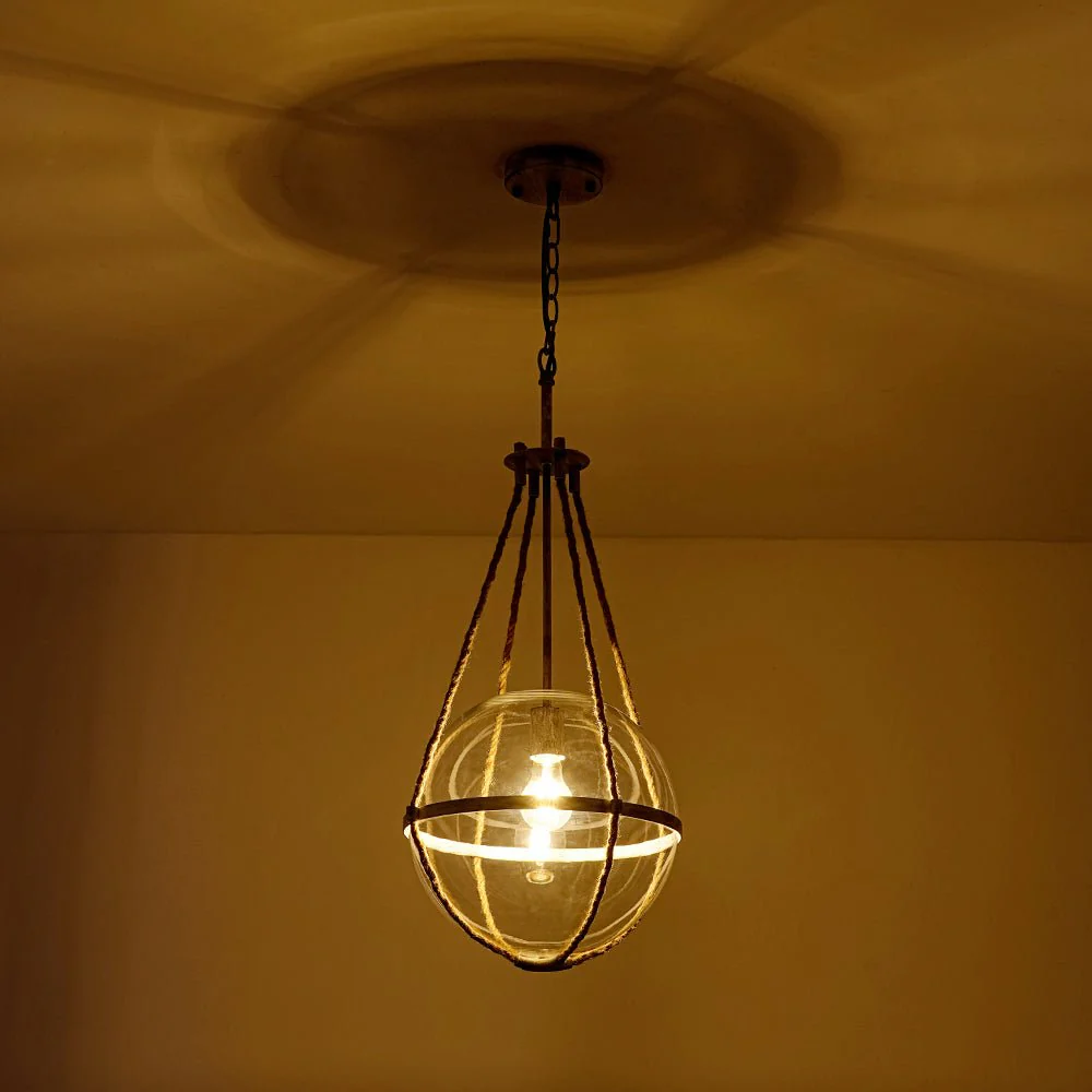 Rustic Hemp Rope Distressed White Glass Globe Pendant Light - Image 4