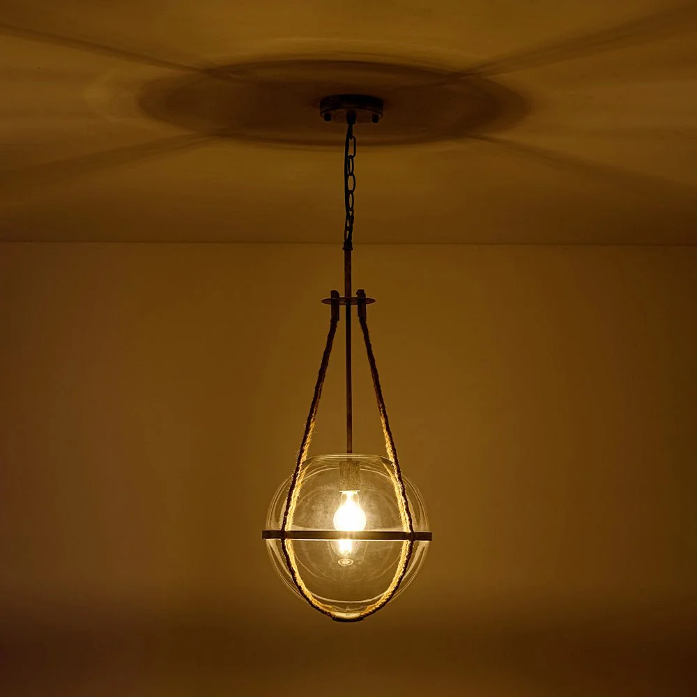Rustic Hemp Rope Distressed White Glass Globe Pendant Light - Image 5