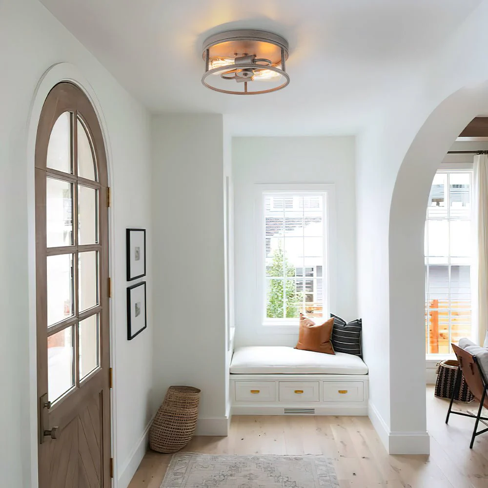 Grey Wood Grain Drum Cage Flush Mount Ceiling Light - Image 2
