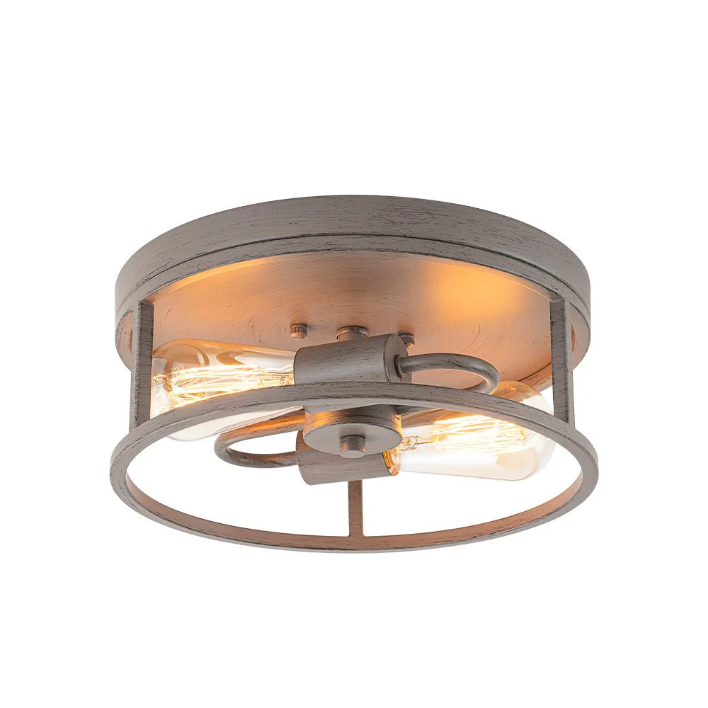 Grey Wood Grain Drum Cage Flush Mount Ceiling Light - Image 3