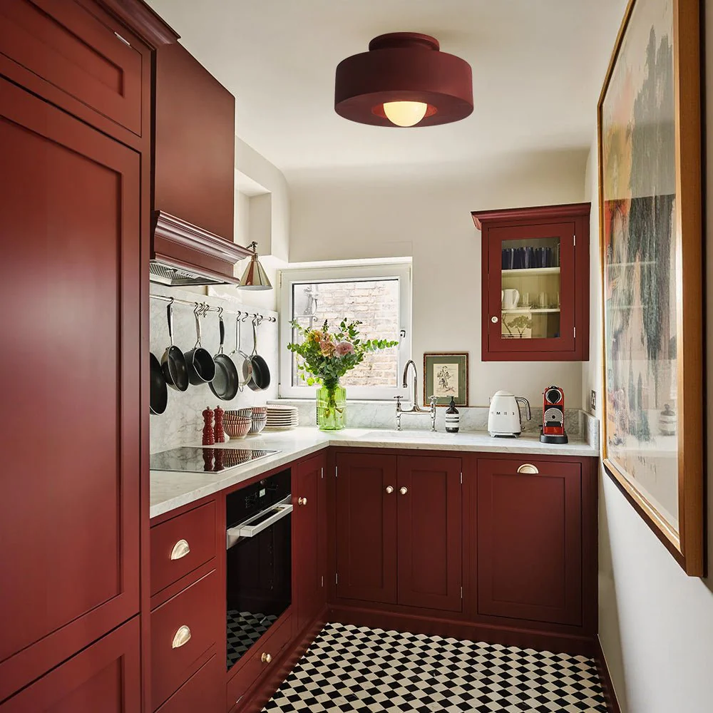 Scandinavian Minimalist Red Velvet Round Single Ceiling Light - Image 2