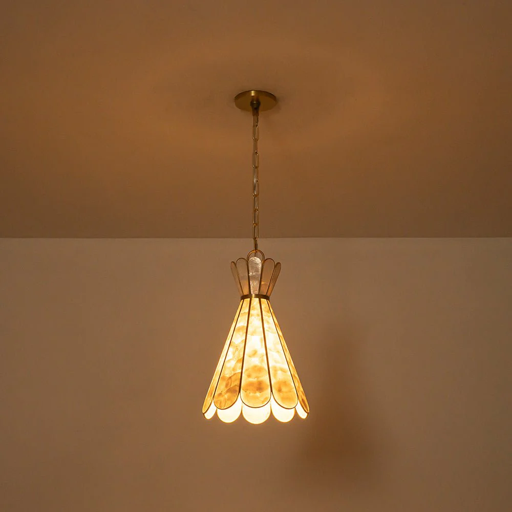 Sculptural Bloom 1-Light Brass Capiz Shell Glass Pendant - Image 11