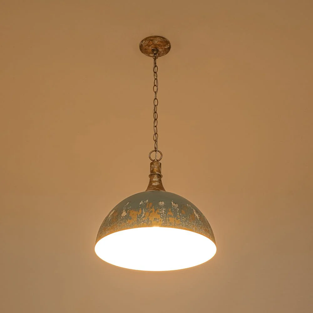 Shabby Chic Distressed Gilded Patina Teal Dome Pendant Light - Image 15