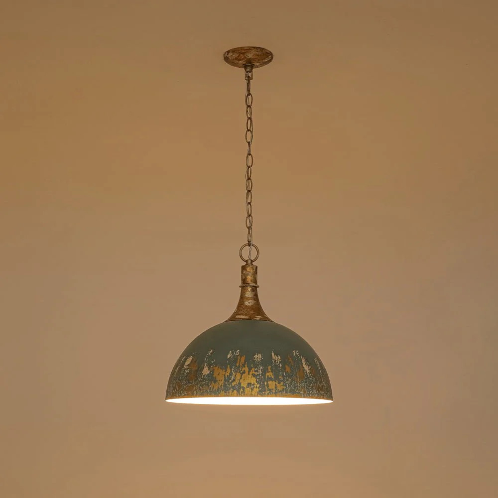Shabby Chic Distressed Gilded Patina Teal Dome Pendant Light - Image 16