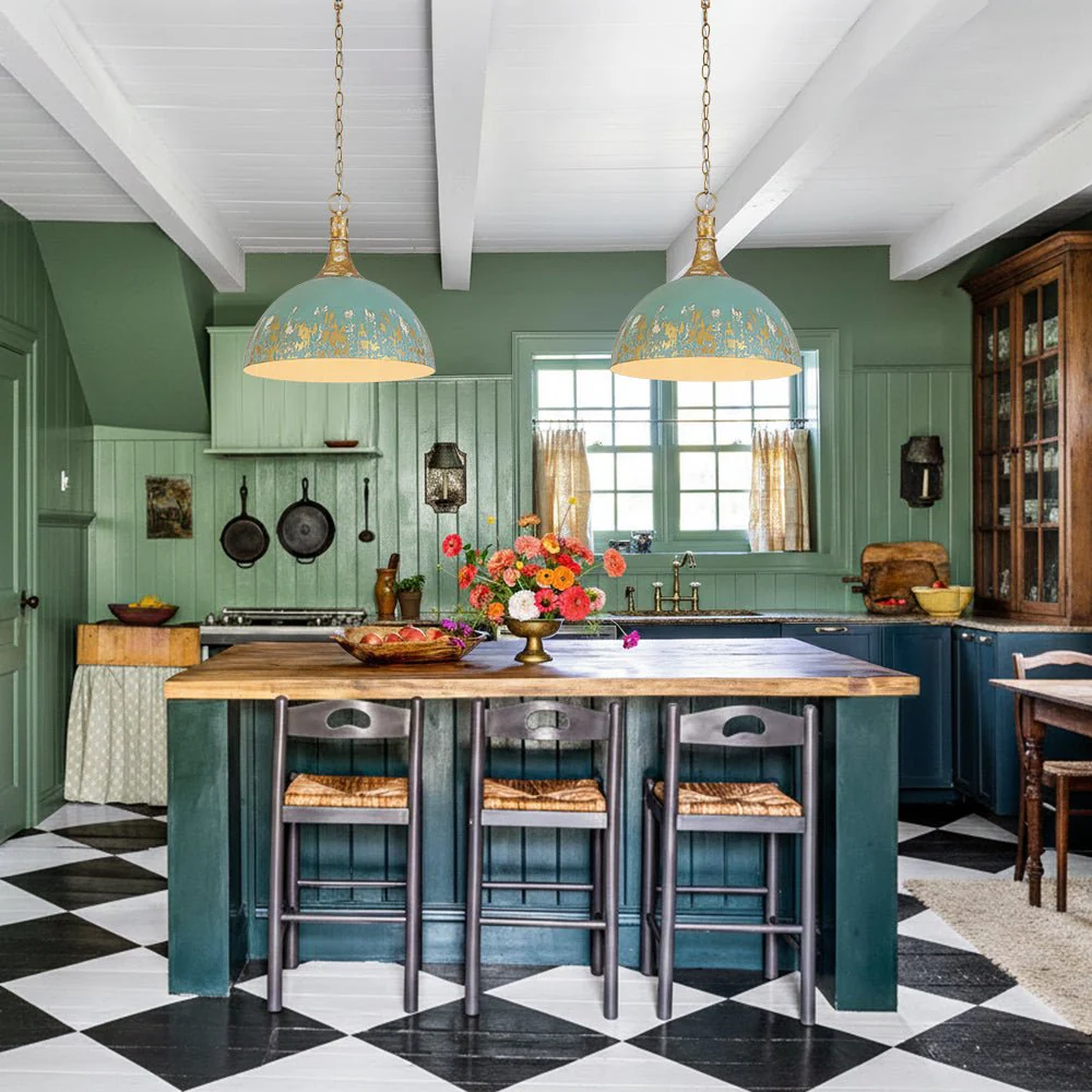 Shabby Chic Distressed Gilded Patina Teal Dome Pendant Light - Image 2