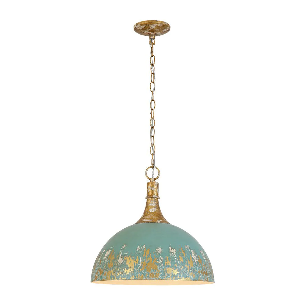 Shabby Chic Distressed Gilded Patina Teal Dome Pendant Light - Image 3