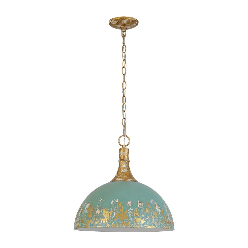 Shabby Chic Distressed Gilded Patina Teal Dome Pendant Light - Image 4