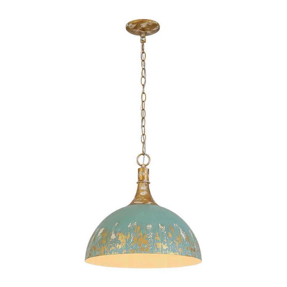 Shabby Chic Distressed Gilded Patina Teal Dome Pendant Light - Image 5