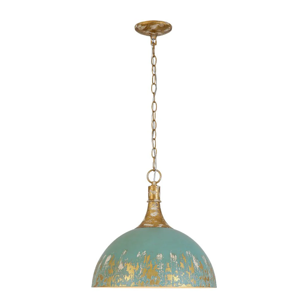 Shabby Chic Distressed Gilded Patina Teal Dome Pendant Light - Image 7